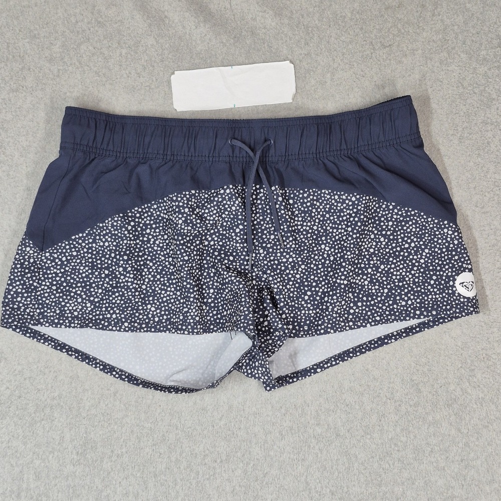 Roxy Women Swimwear XL Navy Spotted Board Shorts Logo Drawstring 2" Inseam